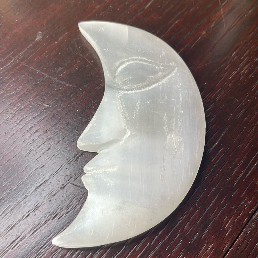 Selenite Satin Spar Moon Face Carving medium home Crystal feng shui white